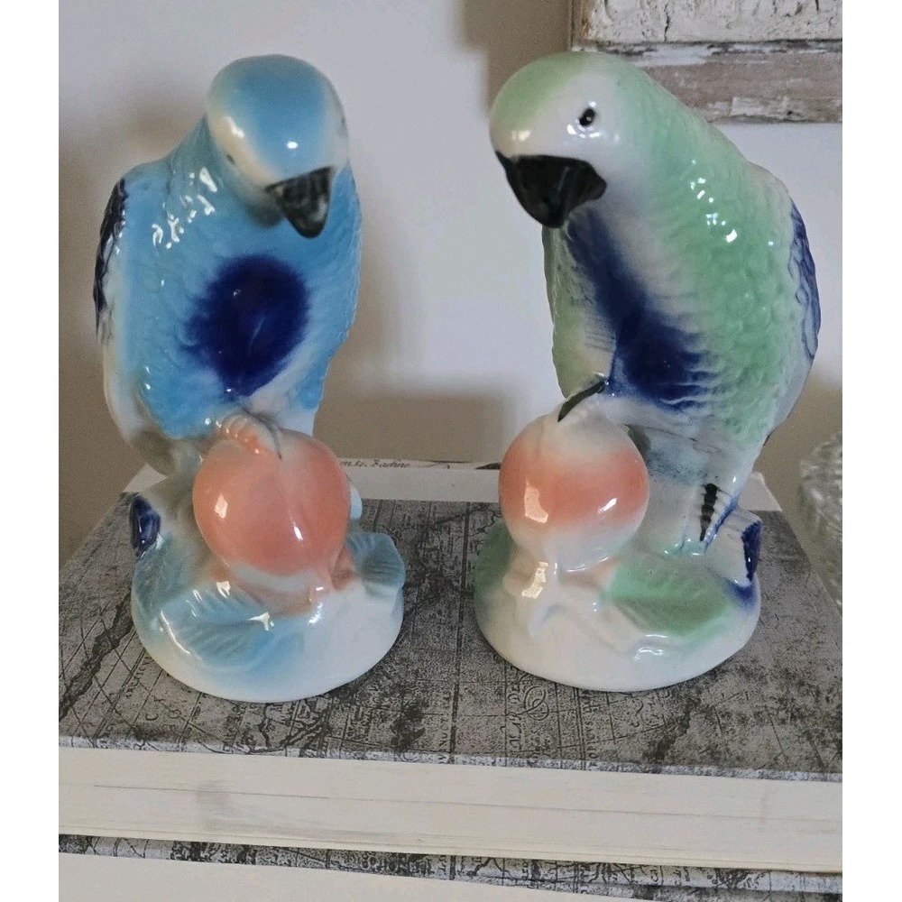 Set Of 2 Vintage Porcelain Blue  Parrots Figurine Brazil Pastel‎ Colors No Chips